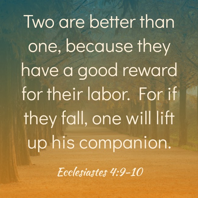 Two are better than one, because they have a good reward for their labor. For if they fall, one will lift up his companion. - Ecclesiastes 4:9-10