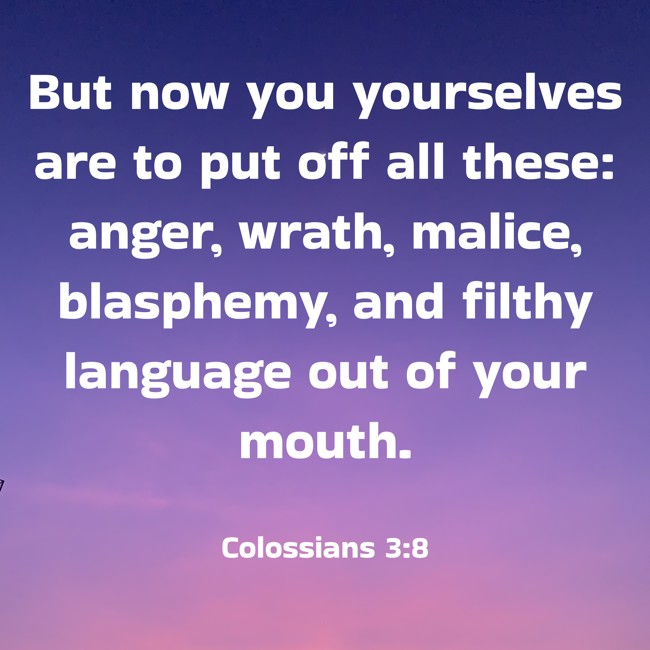 But now you yourselves are to put off all these: anger, wrath, malice, blasphemy, and filthy language out of your mouth. - Colossians 3:8