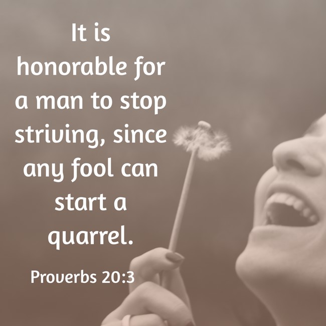 It is honorable for a man to stop striving, since any fool can start a quarrel. - Proverbs 20:3