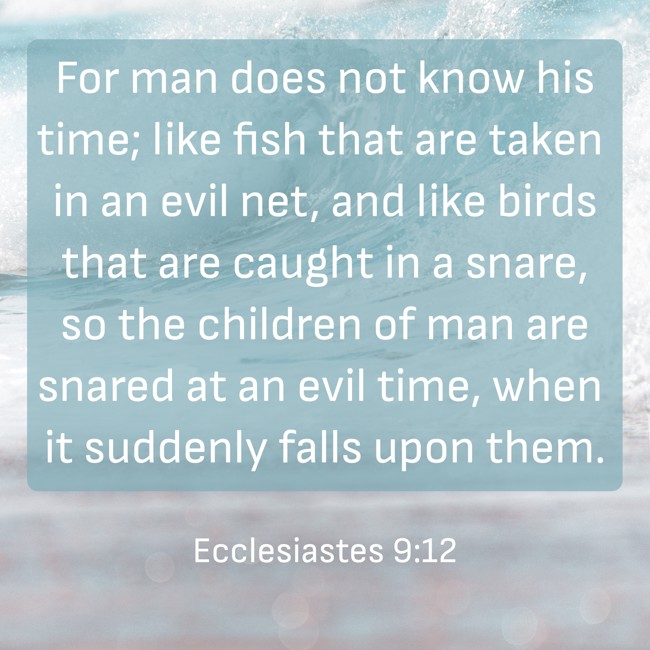 For man does not know his time; like fish that are taken in an evil net, and like birds that are caught in a snare, so the children of man are snared at an evil time, when it suddenly falls upon them.
- Ecclesiastes 9:12