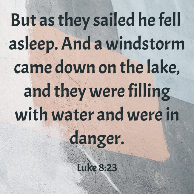 But as they sailed he fell asleep. And a windstorm came down on the lake, and they were filling with water and were in danger.
- Luke 8:23