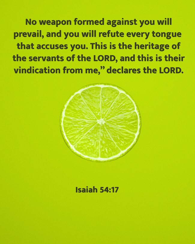 No weapon formed against you will prevail, and you will refute every tongue that accuses you. This is the heritage of the servants of the LORD, and this is their vindication from me,” declares the LORD. - Isaiah 54:17