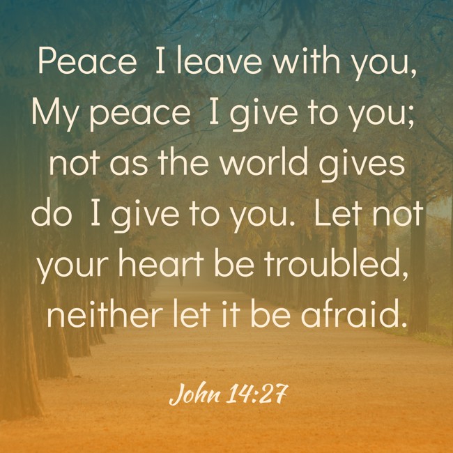 Peace I leave with you, My peace I give to you; not as the world gives do I give to you. Let not your heart be troubled, neither let it be afraid. - John 14:27