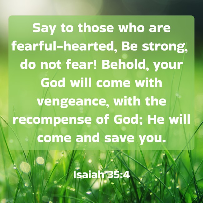 Say to those who are fearful-hearted, Be strong, do not fear! Behold, your God will come with vengeance, with the recompense of God; He will come and save you. - Isaiah 35:4