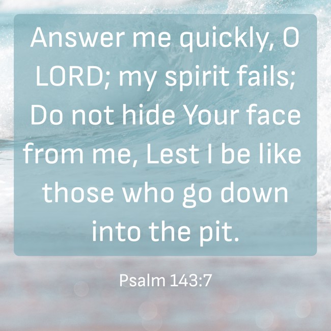 Answer me quickly, O LORD; my spirit fails; Do not hide Your face from me, Lest I be like those who go down into the pit. - Psalm 143:7