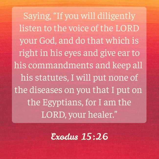 Saying, “If you will diligently listen to the voice of the LORD your God, and do that which is right in his eyes and give ear to his commandments and keep all his statutes, I will put none of the diseases on you that I put on the Egyptians, for I am the LORD, your healer.” - Exodus 15:26