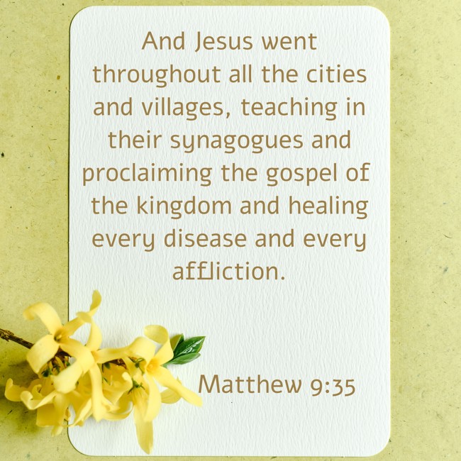 And Jesus went throughout all the cities and villages, teaching in their synagogues and proclaiming the gospel of the kingdom and healing every disease and every affliction. - Matthew 9:35