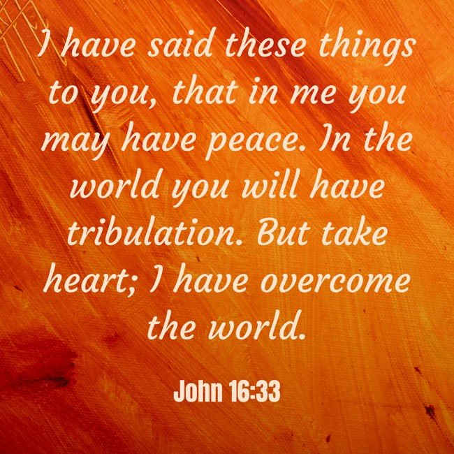I have said these things to you, that in me you may have peace. In the world you will have tribulation. But take heart; I have overcome the world. - John 16:33