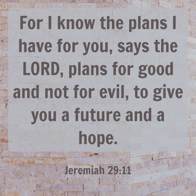 For I know the plans I have for you, says the LORD, plans for good and not for evil, to give you a future and a hope. - Jeremiah 29:11