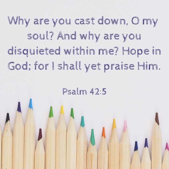 Why are you cast down, O my soul? And why are you disquieted within me? Hope in God; for I shall yet praise Him. - Psalm 42:5