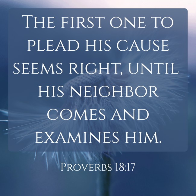 The first one to plead his cause seems right, until his neighbor comes and examines him. - Proverbs 18:17