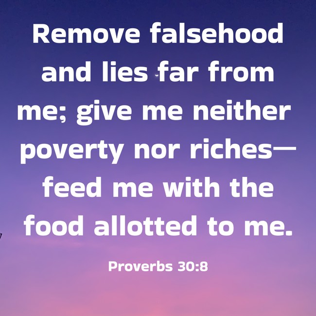 Remove falsehood and lies far from me; give me neither poverty nor riches—feed me with the food allotted to me. - Proverbs 30:8
