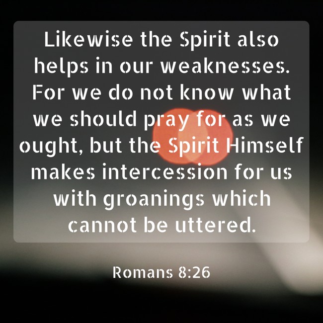Likewise the Spirit also helps in our weaknesses. For we do not know what we should pray for as we ought, but the Spirit Himself makes intercession for us with groanings which cannot be uttered. - Romans 8:26