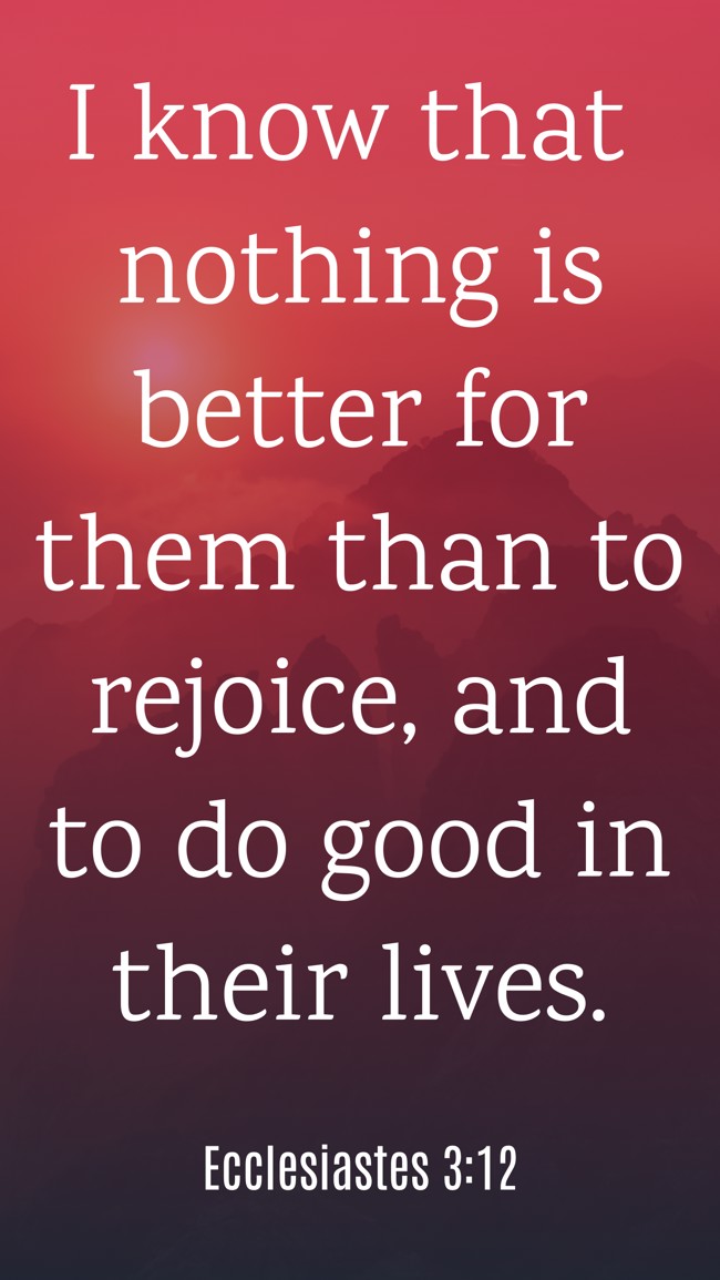  I know that nothing is better for them than to rejoice, and to do good in their lives.   - Ecclesiastes 3:12 