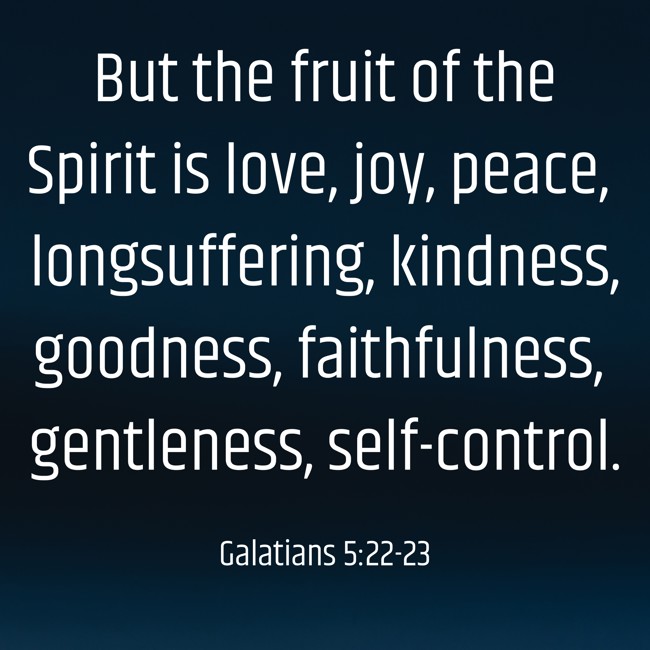 But the fruit of the Spirit is love, joy, peace, longsuffering, kindness, goodness, faithfulness, gentleness, self-control. - Galatians 5:22-23