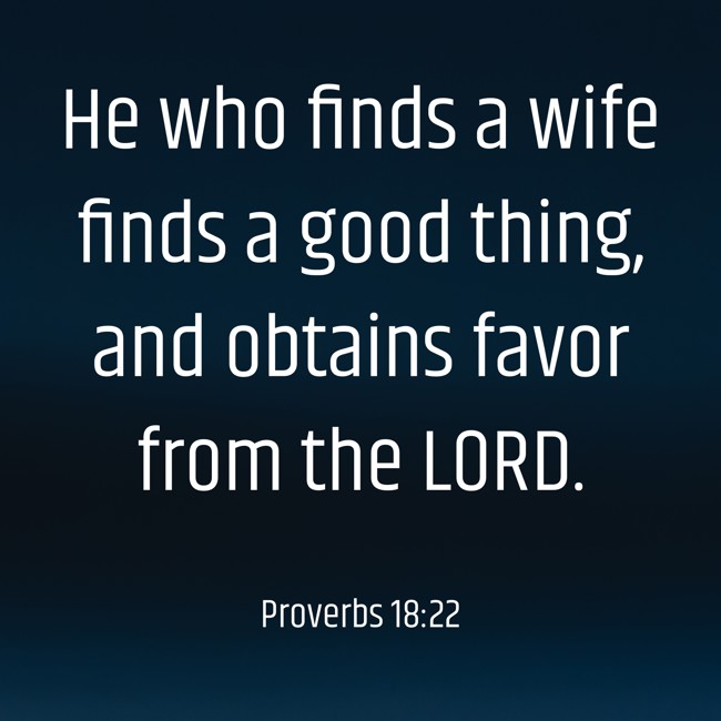 He who finds a wife finds a good thing, and obtains favor from the LORD. - Proverbs 18:22