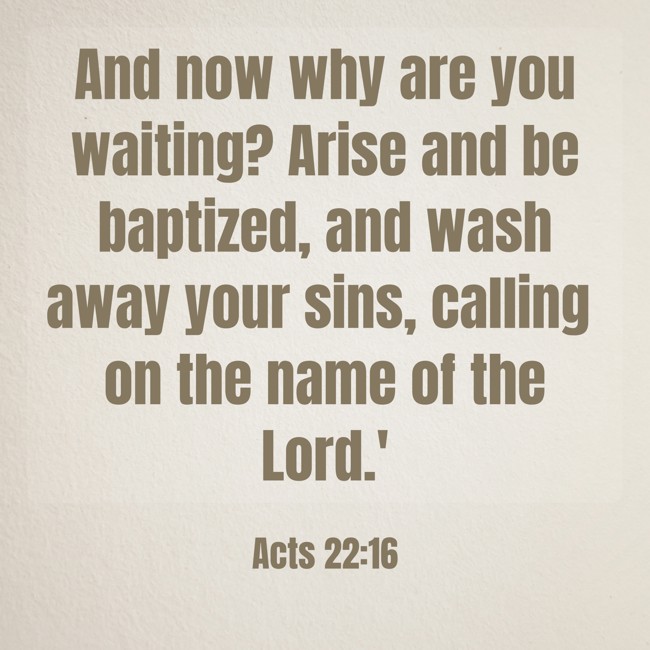 And now why are you waiting? Arise and be baptized, and wash away your sins, calling on the name of the Lord.' - Acts 22:16