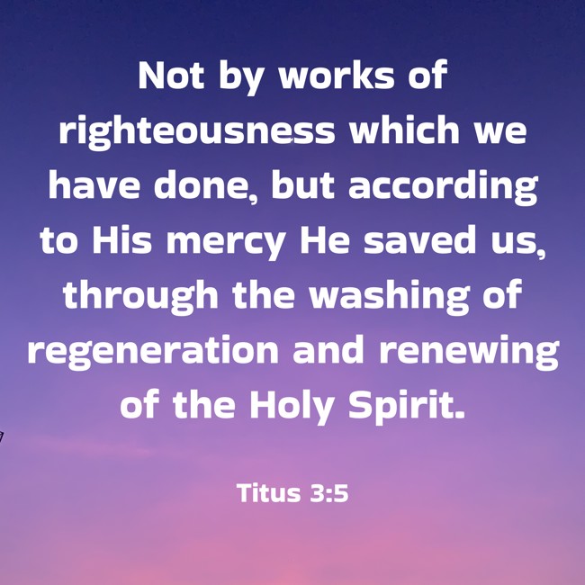 Not by works of righteousness which we have done, but according to His mercy He saved us, through the washing of regeneration and renewing of the Holy Spirit. - Titus 3:5