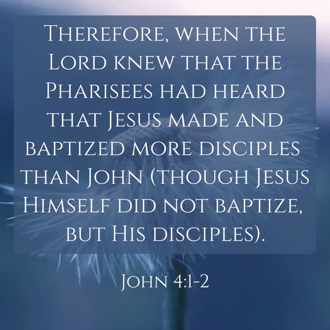 Therefore, when the Lord knew that the Pharisees had heard that Jesus made and baptized more disciples than John (though Jesus Himself did not baptize, but His disciples). - John 4:1-2