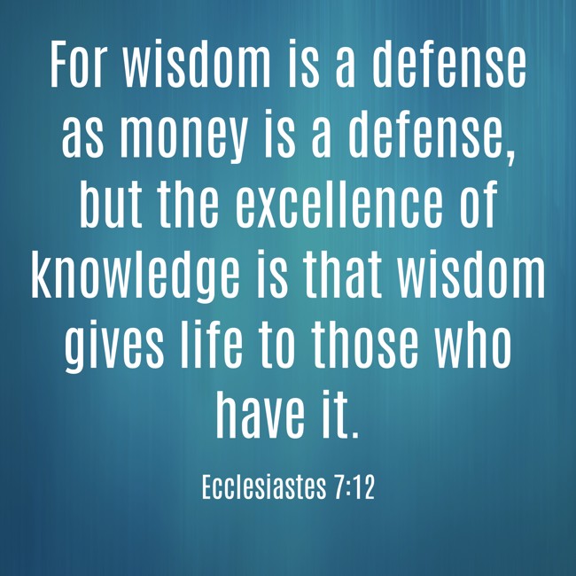 For wisdom is a defense as money is a defense, but the excellence of knowledge is that wisdom gives life to those who have it. - Ecclesiastes 7:12