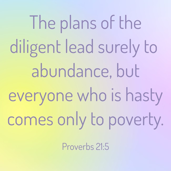 The plans of the diligent lead surely to abundance, but everyone who is hasty comes only to poverty. - Proverbs 21:5