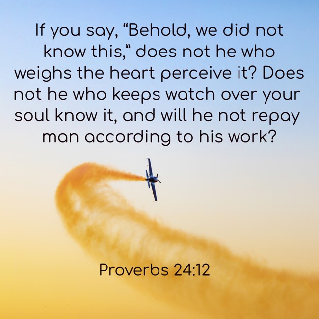 If you say, “Behold, we did not know this,” does not he who weighs the heart perceive it? Does not he who keeps watch over your soul know it, and will he not repay man according to his work? - Proverbs 24:12