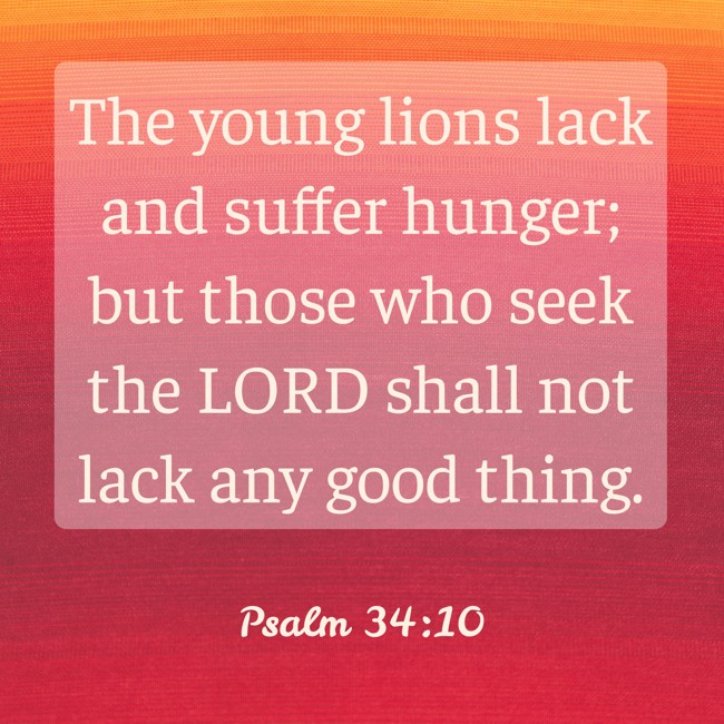  The young lions lack and suffer hunger; but those who seek the LORD shall not lack any good thing.   - Psalm 34:10 