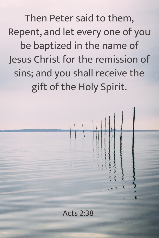 Then Peter said to them, Repent, and let every one of you be baptized in the name of Jesus Christ for the remission of sins; and you shall receive the gift of the Holy Spirit. - Acts 2:38