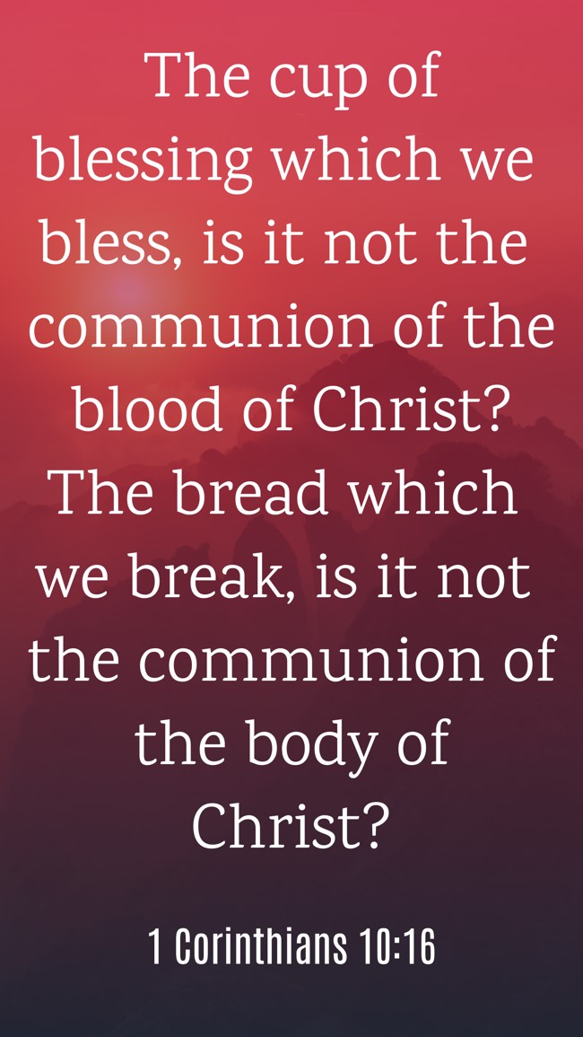 The cup of blessing which we bless, is it not the communion of the blood of Christ? The bread which we break, is it not the communion of the body of Christ? - 1 Corinthians 10:16