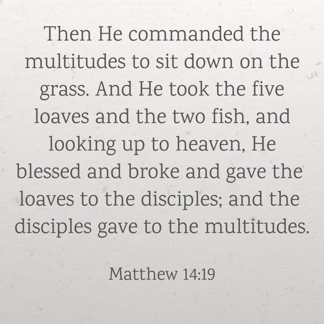 Then He commanded the multitudes to sit down on the grass. And He took the five loaves and the two fish, and looking up to heaven, He blessed and broke and gave the loaves to the disciples; and the disciples gave to the multitudes. - Matthew 14:19