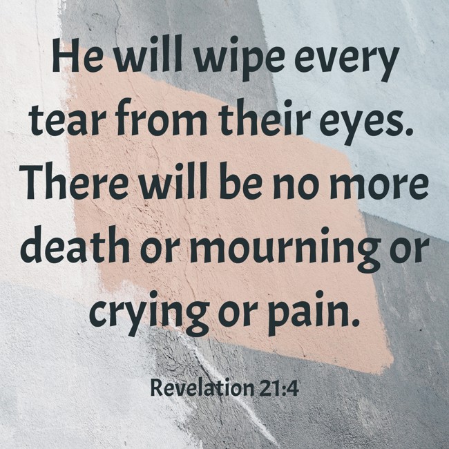 He will wipe every tear from their eyes. There will be no more death or mourning or crying or pain. - Revelation 21:4