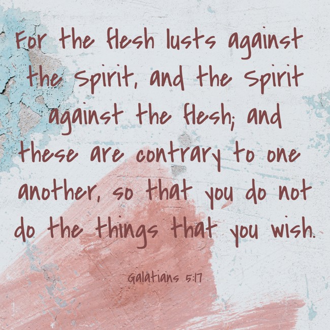 For the flesh lusts against the Spirit, and the Spirit against the flesh; and these are contrary to one another, so that you do not do the things that you wish. - Galatians 5:17
