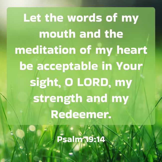 Let the words of my mouth and the meditation of my heart be acceptable in Your sight, O LORD, my strength and my Redeemer. - Psalm 19:14