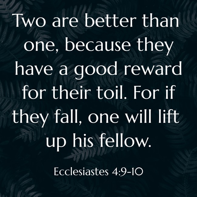 Two are better than one, because they have a good reward for their toil. For if they fall, one will lift up his fellow. - Ecclesiastes 4:9-10