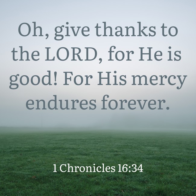 Oh, give thanks to the LORD, for He is good! For His mercy endures forever. - 1 Chronicles 16:34