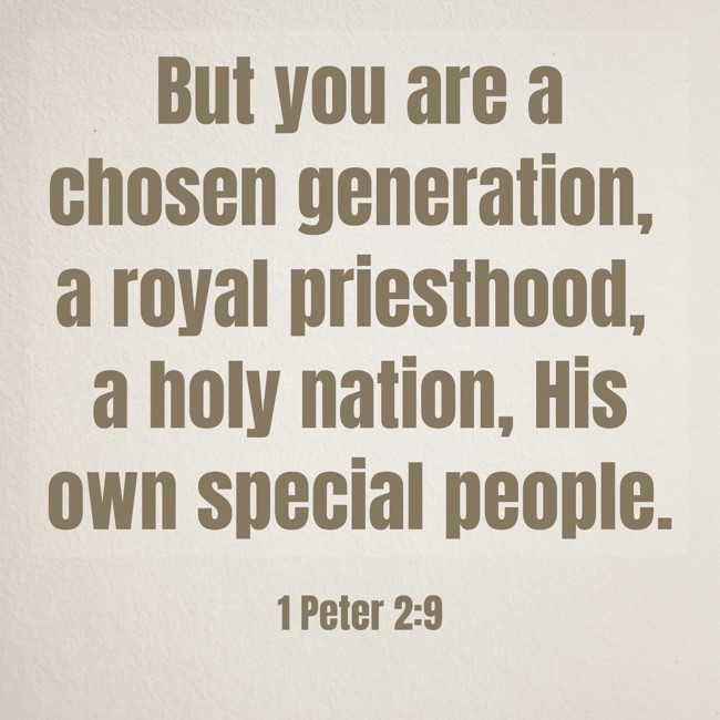 But you are a chosen generation, a royal priesthood, a holy nation, His own special people. - 1 Peter 2:9