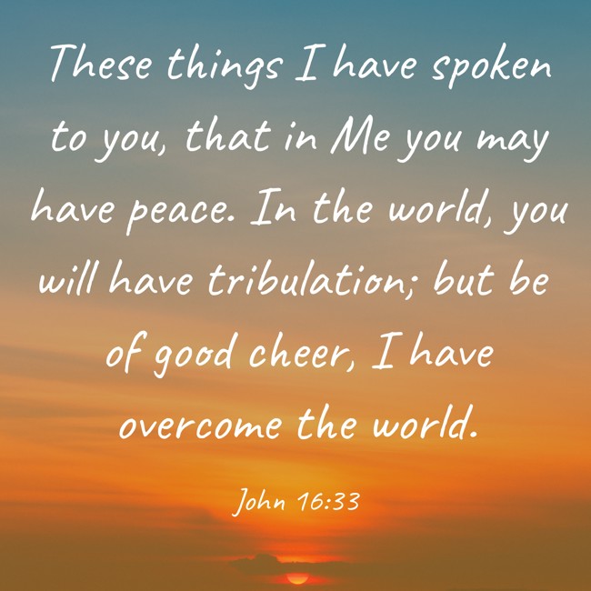 These things I have spoken to you, that in Me you may have peace. In the world, you will have tribulation; but be of good cheer, I have overcome the world. - John 16:33
