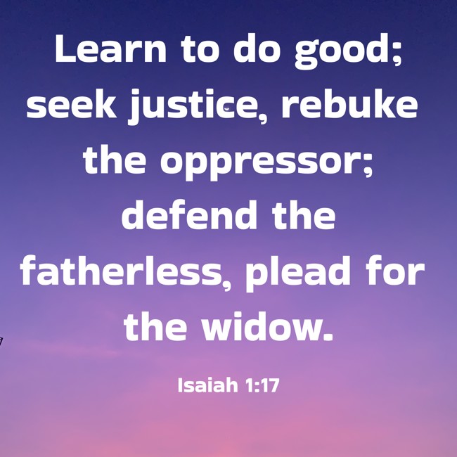 Learn to do good; seek justice, rebuke the oppressor; defend the fatherless, plead for the widow. - Isaiah 1:17