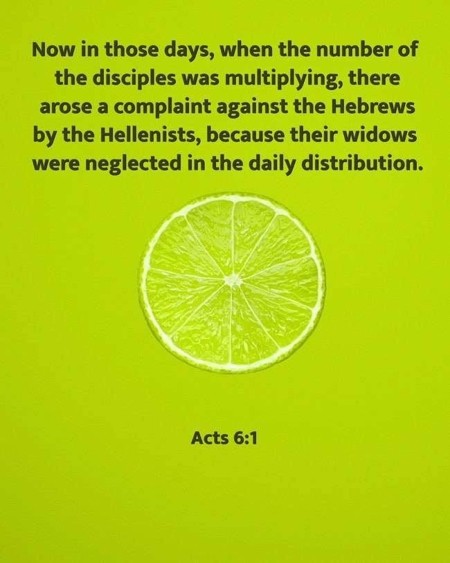 Now in those days, when the number of the disciples was multiplying, there arose a complaint against the Hebrews by the Hellenists, because their widows were neglected in the daily distribution. - Acts 6:1