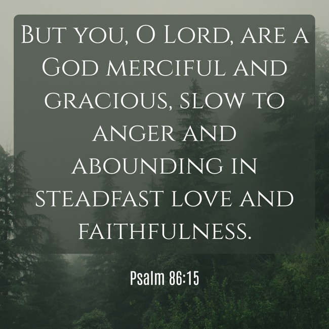 But you, O Lord, are a God merciful and gracious, slow to anger and abounding in steadfast love and faithfulness. - Psalm 86:15
