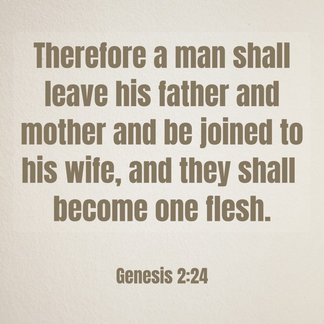 Therefore a man shall leave his father and mother and be joined to his wife, and they shall become one flesh. - Genesis 2:24