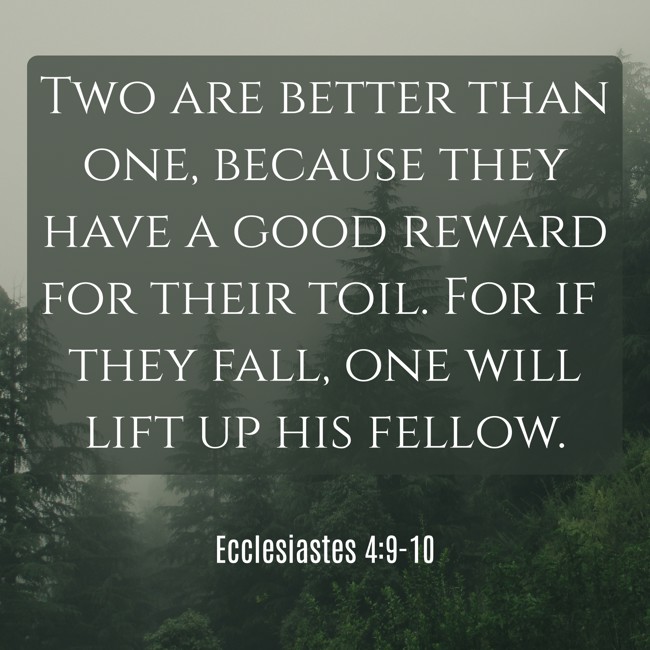 Two are better than one, because they have a good reward for their toil. For if they fall, one will lift up his fellow. - Ecclesiastes 4:9-10