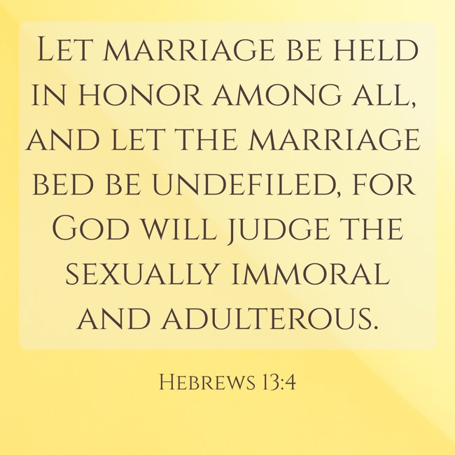 Let marriage be held in honor among all, and let the marriage bed be undefiled, for God will judge the sexually immoral and adulterous. - Hebrews 13:4