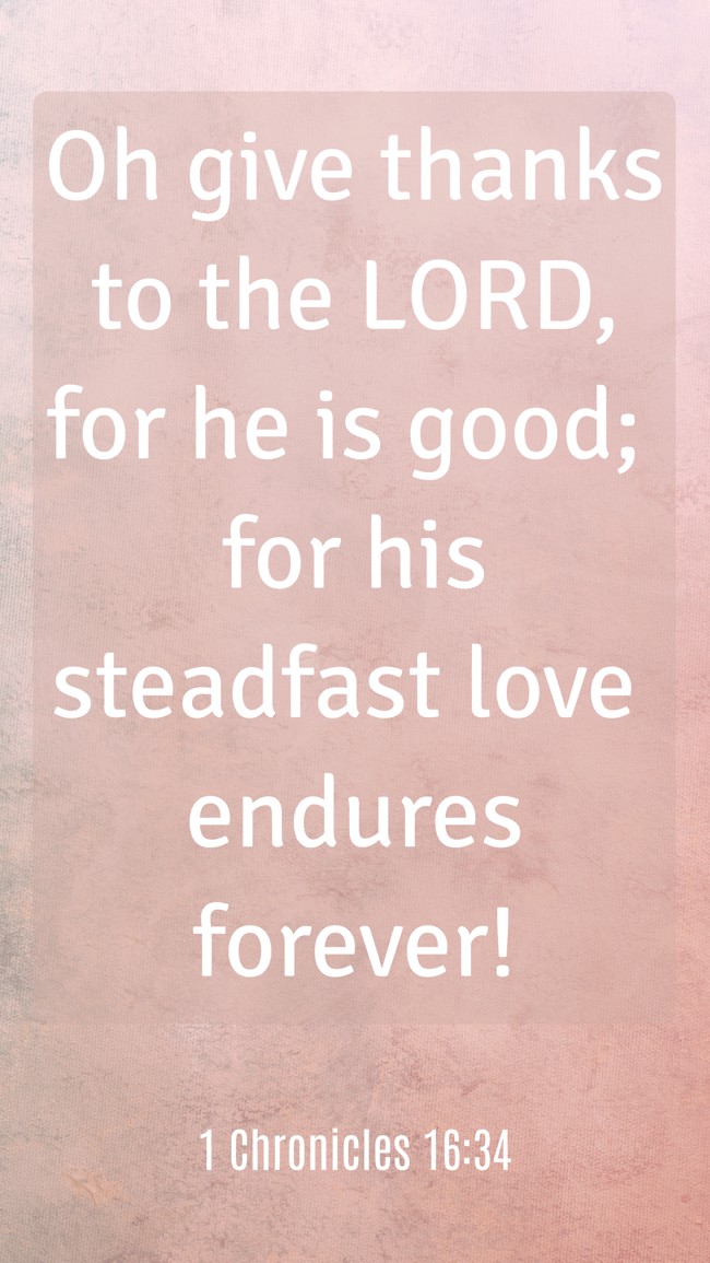 Oh give thanks to the LORD, for he is good; for his steadfast love endures forever! - 1 Chronicles 16:34