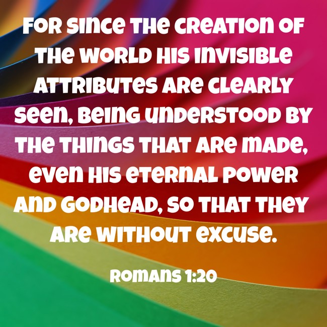 For since the creation of the world His invisible attributes are clearly seen, being understood by the things that are made, even His eternal power and Godhead, so that they are without excuse. - Romans 1:20