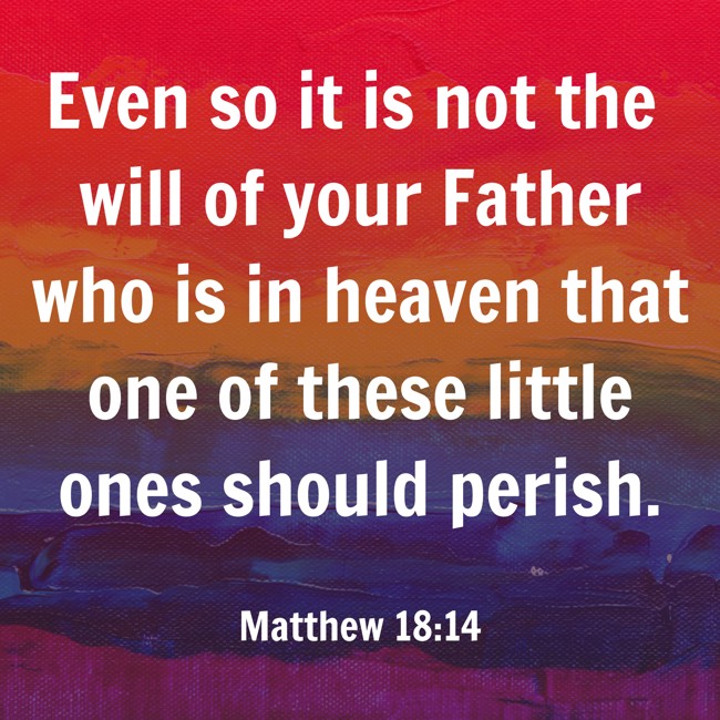 Even so it is not the will of your Father who is in heaven that one of these little ones should perish. - Matthew 18:14