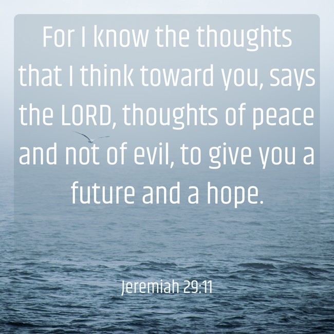 For I know the thoughts that I think toward you, says the LORD, thoughts of peace and not of evil, to give you a future and a hope. - Jeremiah 29:11