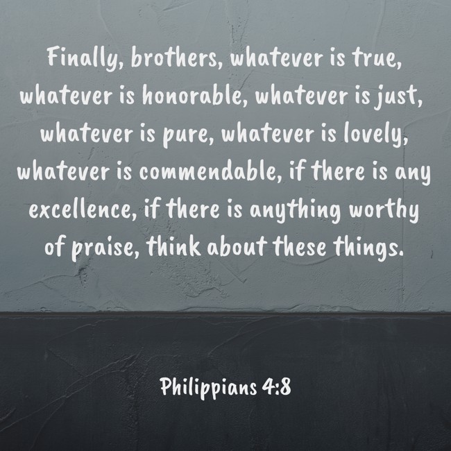 Finally, brothers, whatever is true, whatever is honorable, whatever is just, whatever is pure, whatever is lovely, whatever is commendable, if there is any excellence, if there is anything worthy of praise, think about these things. - Philippians 4:8