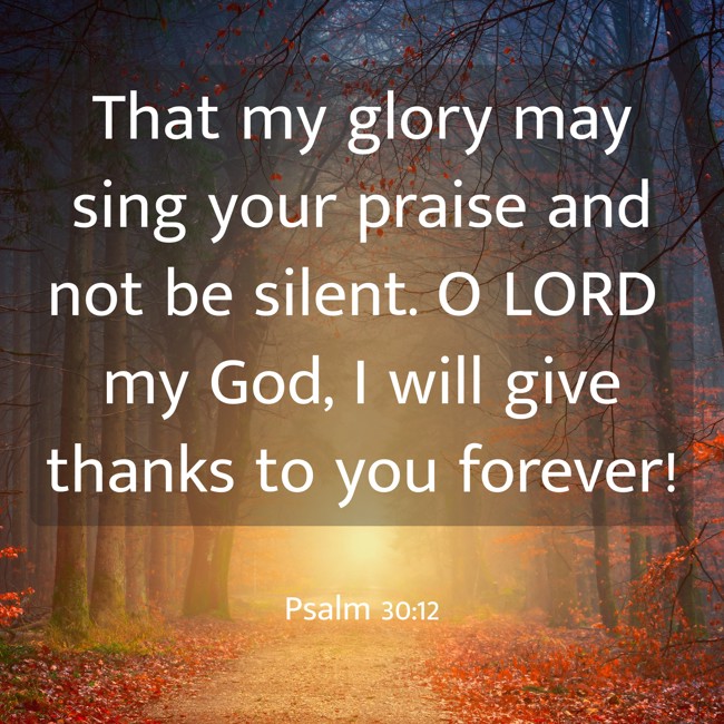 That my glory may sing your praise and not be silent. O LORD my God, I will give thanks to you forever! - Psalm 30:12