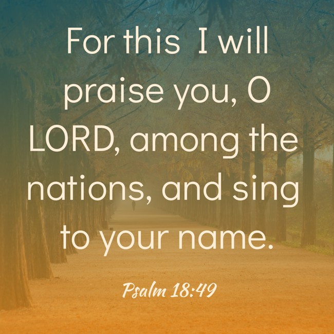 For this I will praise you, O LORD, among the nations, and sing to your name. - Psalm 18:49